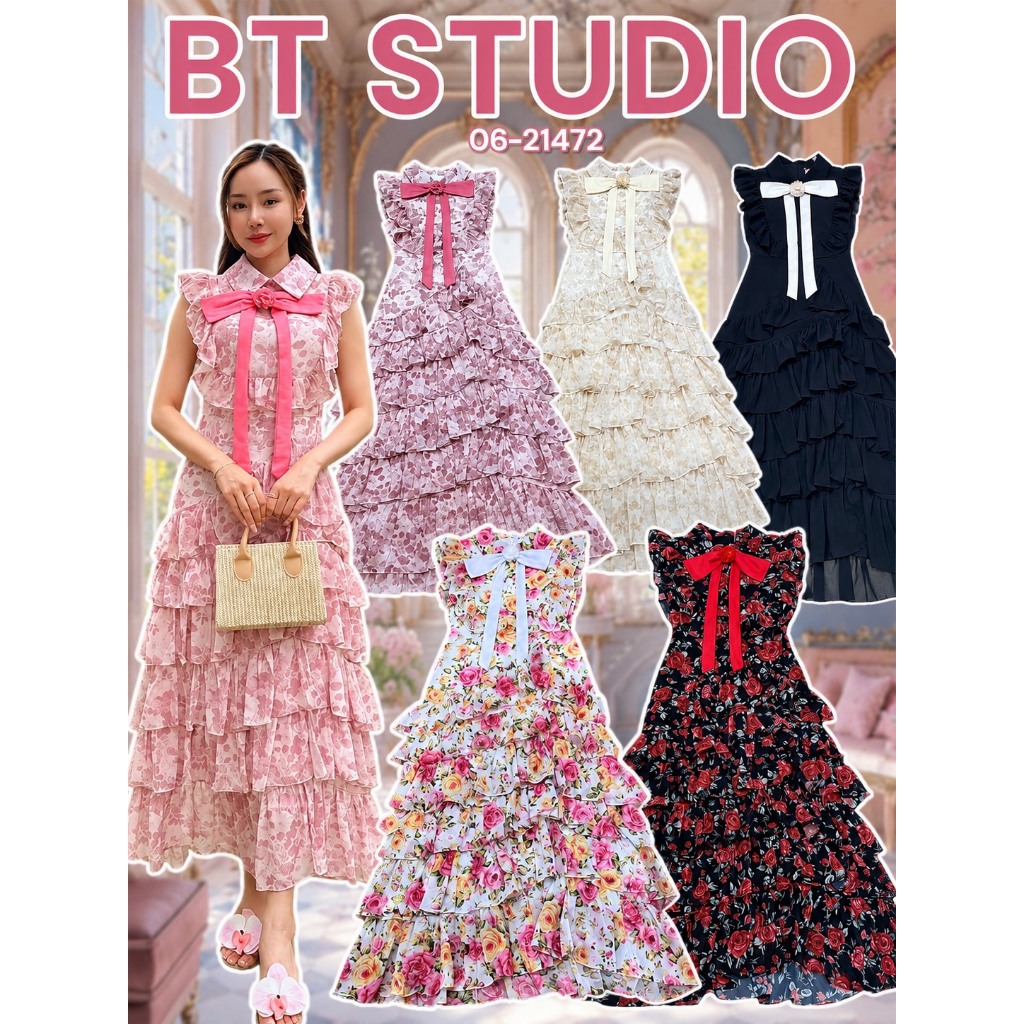 BT 06-21472 แม๊กซี่เดรสแขนกุดคอปกแต่งระบายช่วงแขน กระโปรงแต่งระบายเป็นชั้น มาพร้อมติดเข็มกลัดโบติดดอกไม้ มีซับใน