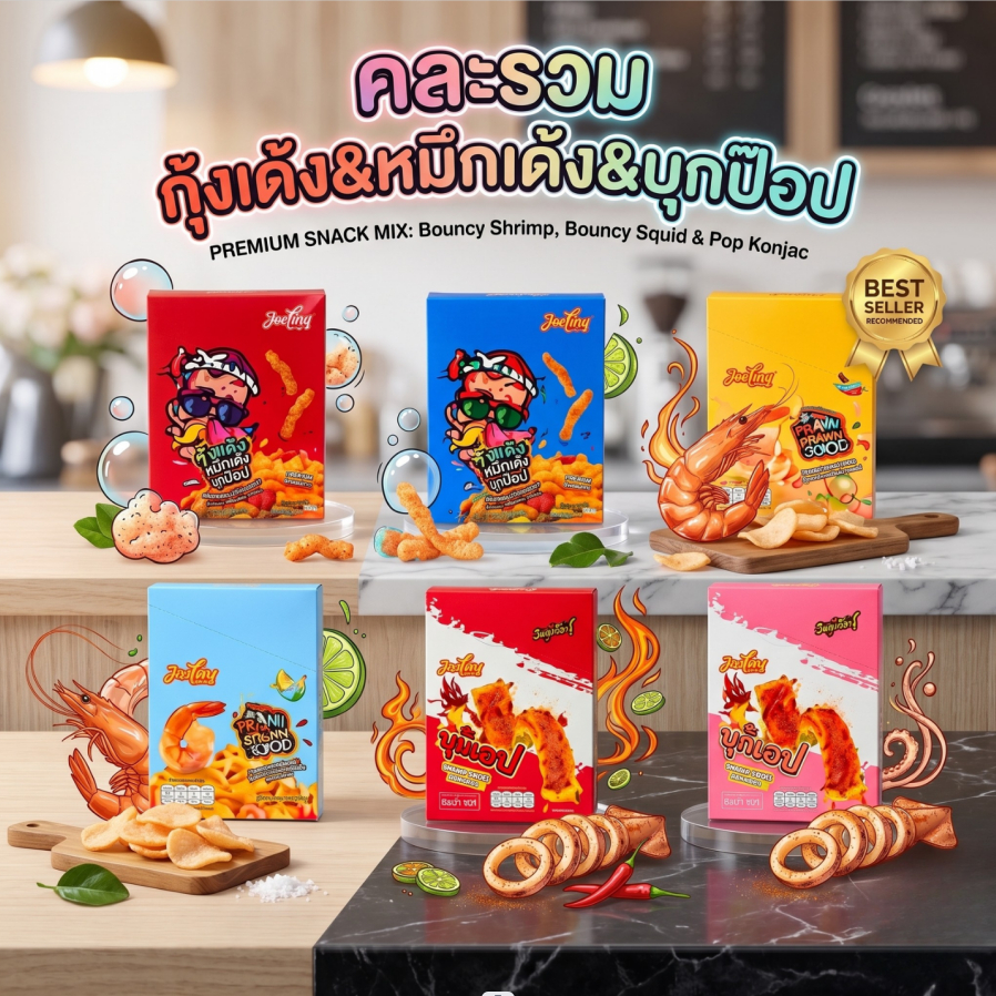 รวมความอร่อย 6 รส Jialong (1 ลัง 12 กล่อง 144 ชิ้น)  หมึกเด้ง กุ้งเด้ง บุกป๊อป คละรสสุดคุ้ม
