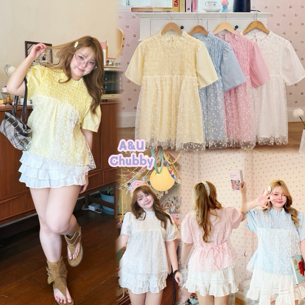 JIRA Cotton - เสื้อคอตตอน 100% คอกลม สม็อคอกแต่งมุ้งดอกไม้  อกฟรีไซส์ 38-50 นิ้ว เสื้อสาวอวบ