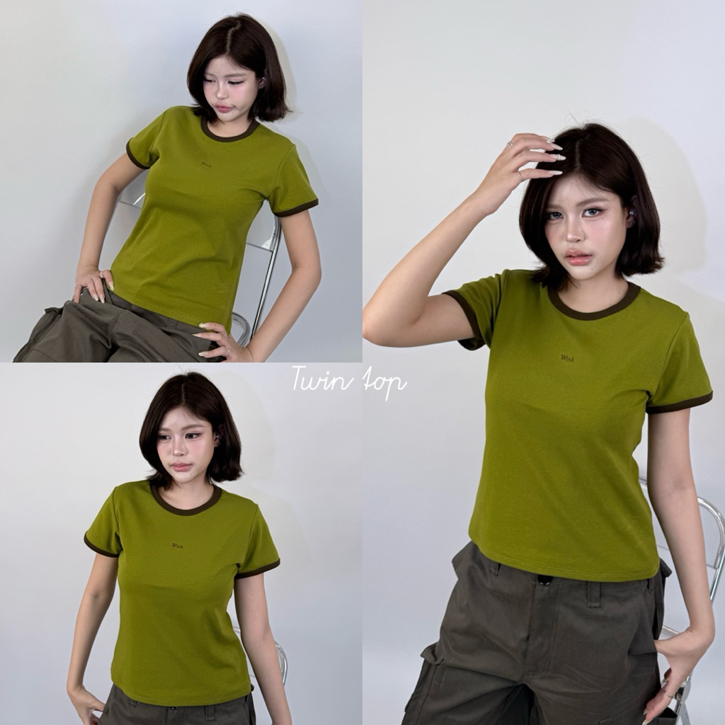 Twin Top - เสื้อยืดคอกลมแต่งขอบทูโทน ผ้าคอตตอนนุ่ม ปักชื่อแบรนด์กลางอก (ทวิน)