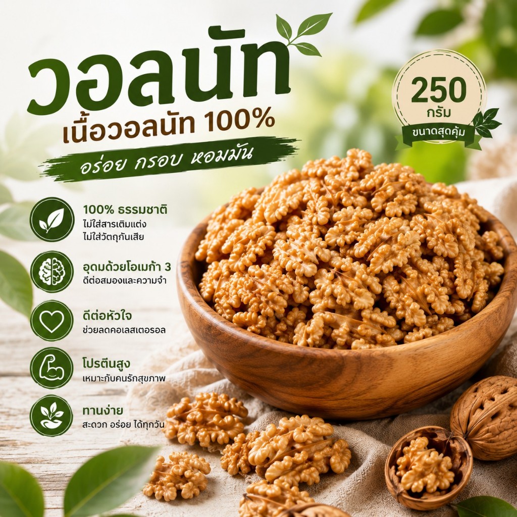 วอลนัท 250 กรัม (คั่วอ่อน) เกรด AA+ ผลิตใหม่ สะอาด และพร้อมรับประทาน
