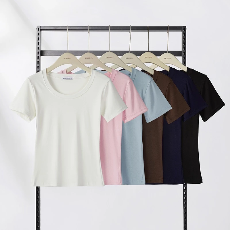 HELLDUL T0001 เสื้อยืดสั้นแขนคอกลม ผ้านุ่มละเอียด มี6สีให้เลือก ทรงตัดสั้นสไตล์เรียบง่าย พร้อมส่งไทย