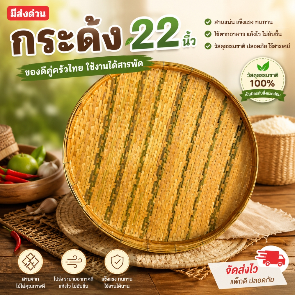 กระด้ง ขนาด 22 นิ้ว กระด้งไม้ไผ่ กระด้งสาน ถาด ด้ง  (กระด้ง22นิ้ว)