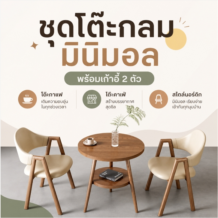 alive  ชุดโต๊ะกลมมินิมอล พร้อมเก้าอี้ 2 ตัว | โต๊ะกาแฟ โต๊ะคาเฟ่ สไตล์นอร์ดิก 3365
