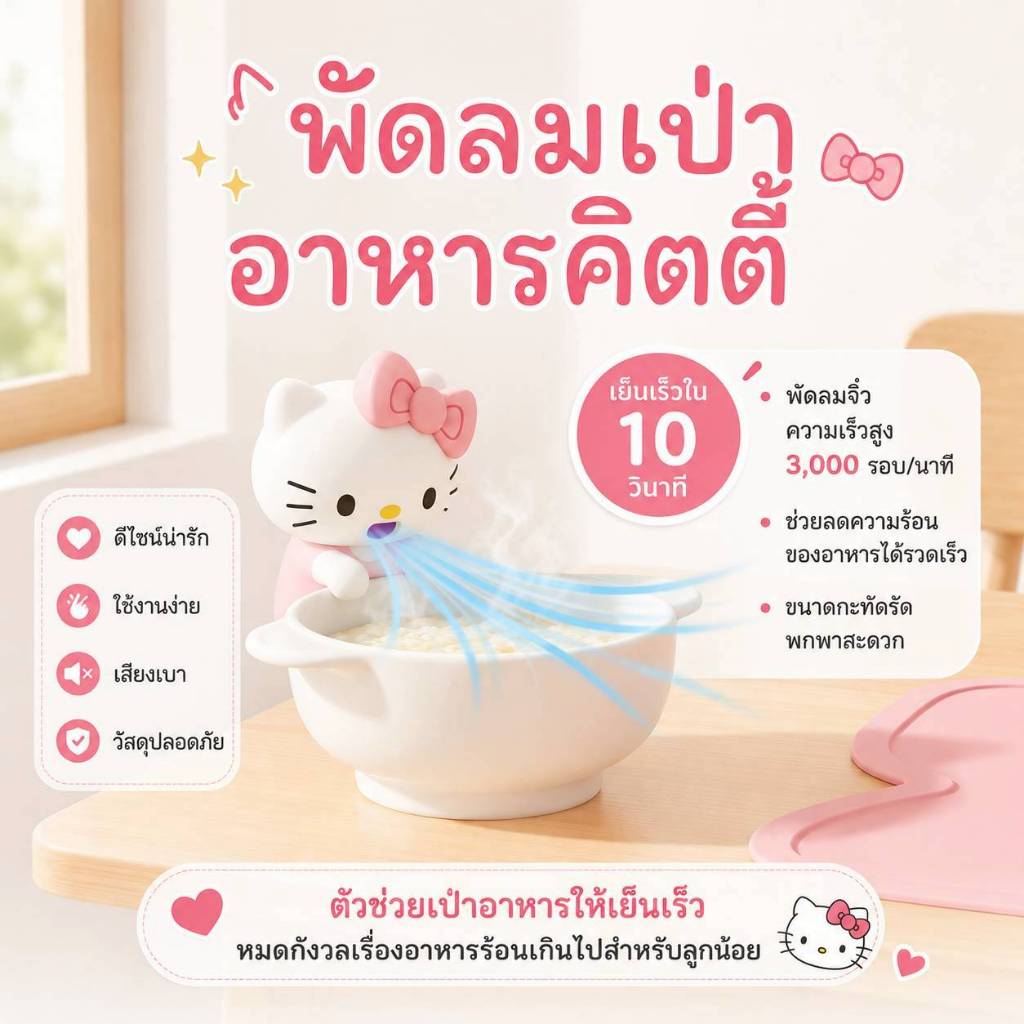 พัดลมน้องแมวมีโบว์เป่าอาหารสุดน่ารัก