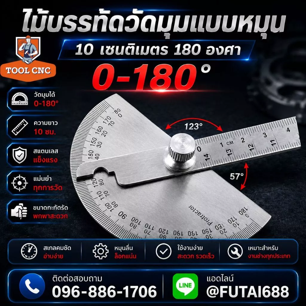 ไม้บรรทัดวัดมุมแบบหมุนโปรแทรคเตอร์ (PROTRACTOR) หรือ ฉากวัดมุม ไม้บบรทัดจานวัดองศา สเตนเลส 180องศามุม ไม้โปรแทรกเตอร์ คร
