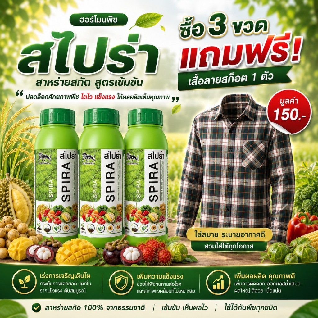 // แพ็ค 3 ขวด // แถมเสื้อลายสก็อต1ตัว สไปร่า (1L) สาหร่าย+กรดอะมิโน เนื้อเขียวมรกต ฟื้นต้นโทรม ติดดอก ขยายลูก เพิ่มน้ำหน