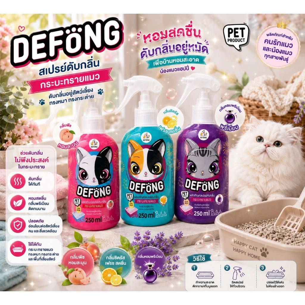 Defong เดอร์ฟองสเปรย์ดับกลิ่น กระบะทรายแมว ดับกลิ่นที่อยู่สัตว์เลี้ยง 250 ML