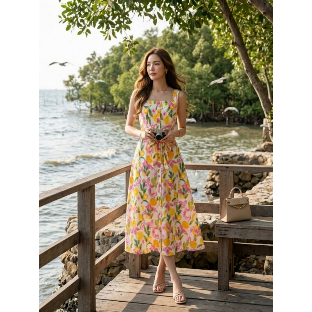 ชุดเดรสแขนกุดลายเลมอน มีสายผูกเอว กระโปรงทรงเอ พร้อมกระดุมหน้า มี3สี ครีม/ฟ้า/ชมพู