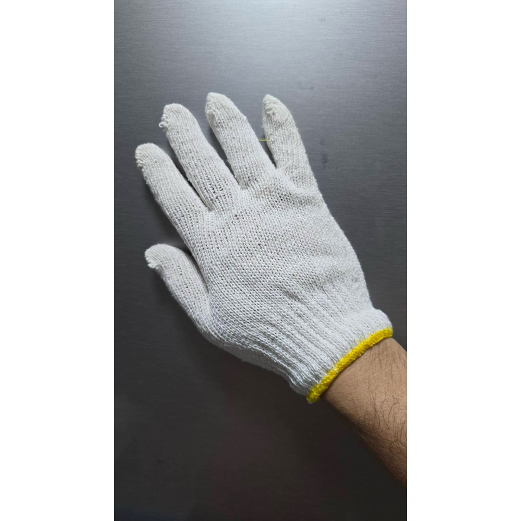 ถุงมือผ้าฝ้ายธรรมชาติ สีขาวขอบเหลือง12 คู่ /1แพ็กราคา 81 บาท
