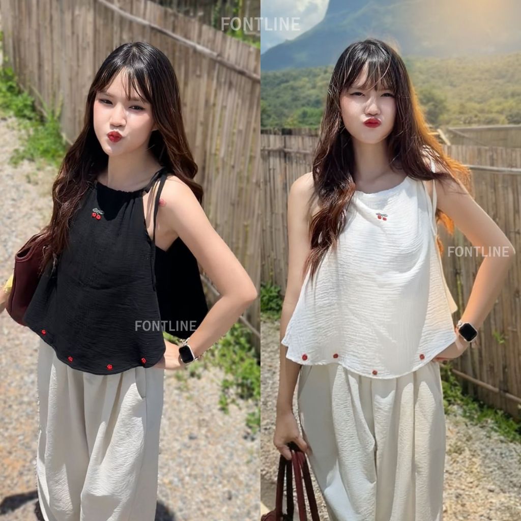 FONTLINE เสื้อสายเดี่ยวผูกไหล่ ผ้าสาลูอัดย่น2ชั้น ปักลายเชอร์รี่Cherry Minimal Top ทรงปล่อยสไตล์เกาห