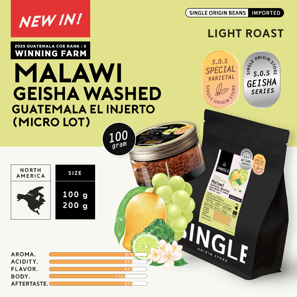 เมล็ดกาแฟคั่วอ่อน Malawi Geisha Washed Guatemala El Injerto (Micro Lot)