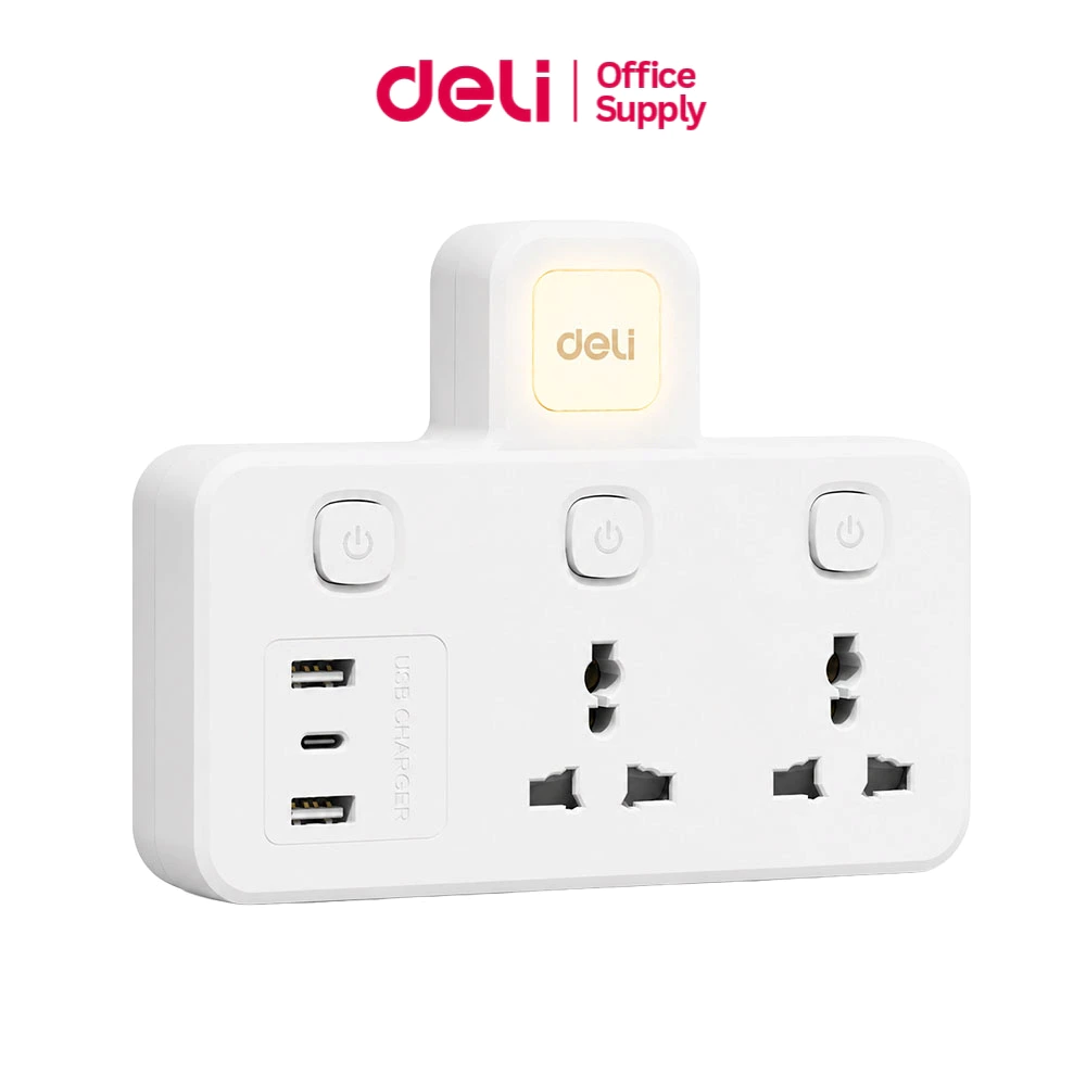 Deli ปลั๊กแปลง อะแดปเตอร์ไร้สาย มีไฟในตัว พกพาง่าย USB/TypeC 10A 2500W Universal Adapter