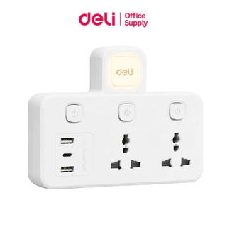 Deli ปลั๊กแปลง อะแดปเตอร์ไร้สาย มีไฟในตัว พกพาง่าย USB/TypeC 10A 2500W Universal Adapter
