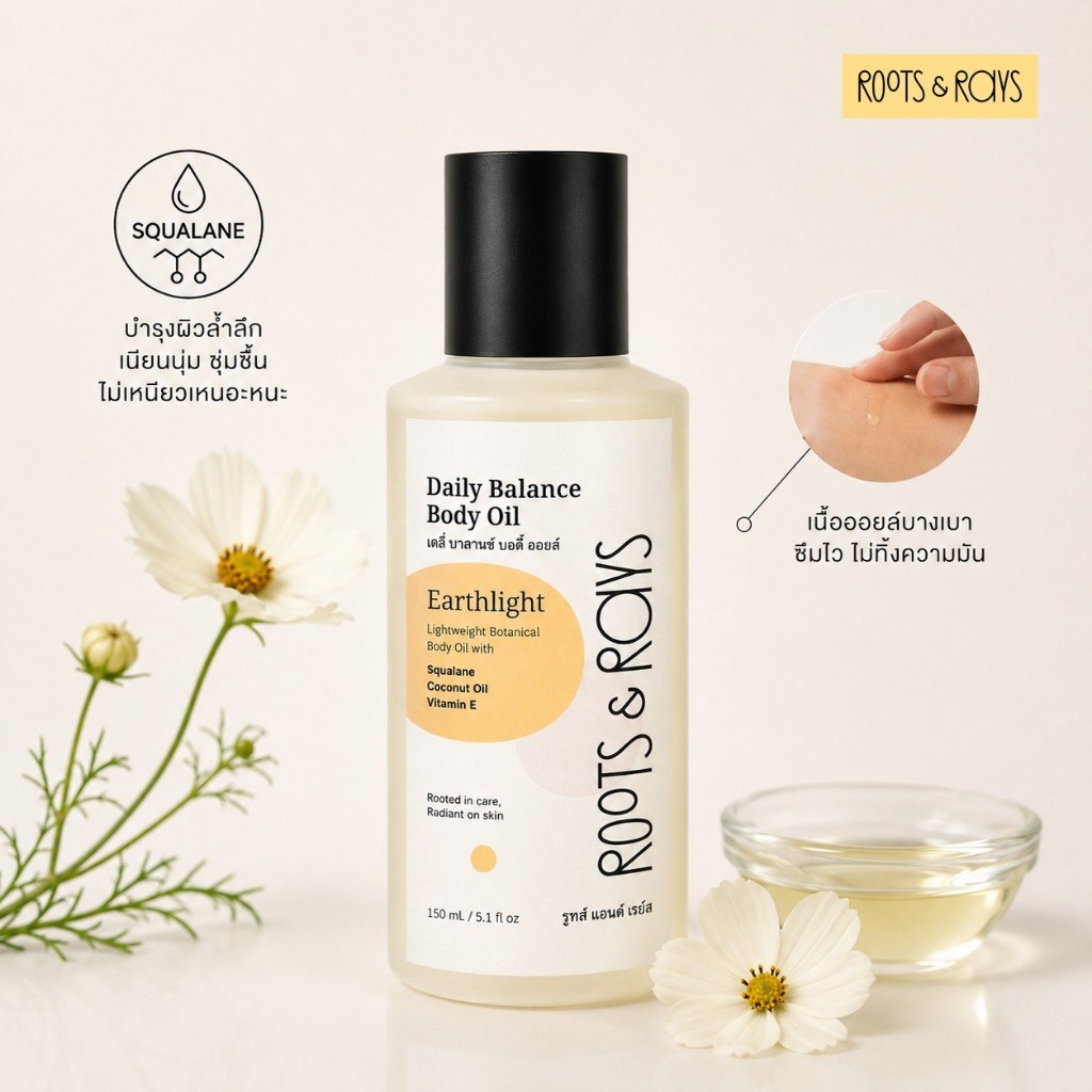 Roots & Rays Daily Balance Body Oil 150ml.| เดลี่ บาลานซ์ บอดี้ออยล์ 150มล. สูตรSqualane บำรุงผิวล้ำลึก เนื้อบางเบา ซึมไ