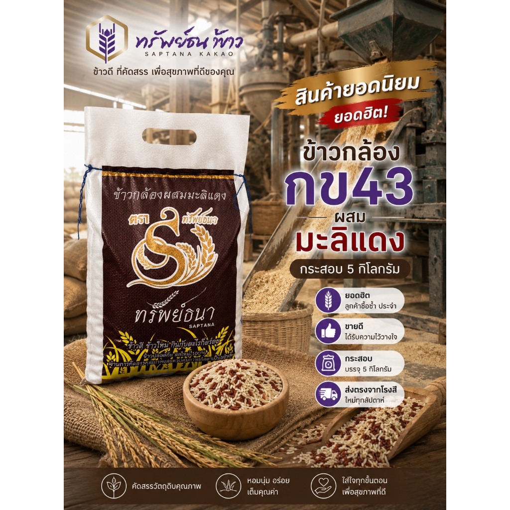 ข้าวกล้องกข43ผสมมะลิแดง กระสอบ5กิโลกรัม ตราทรัพย์ธนา ข้าวใหม่ ประโยชน์เต็มเมล็ด