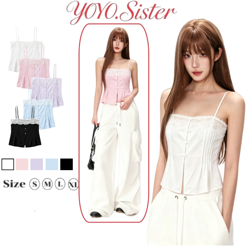 YOYO พร้อมส่ง🌈เสื้อสายเดี่ยวตีเกร็ดหน้า🌈เย็บตีเกล็ดหน้า แต่งลูกไม้ซีทรู สายปรับได้ ดีเทลลูกไม้ตรงหน้าอกสวยมากๆ
