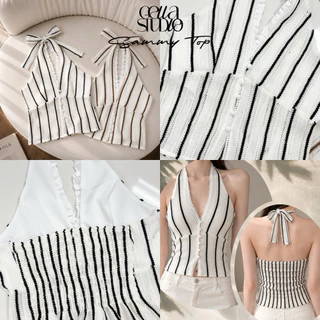 Sammy Top เสื้อคล้องคอผ้าโคเชแต่งขอบลูกไม้กระดุมมุกมีซับใน(ไม่มีฟองน้ำ)