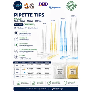 Pipette Tips 10/µL 200µL/1000µL/ 5000 µL Bulk ทิปปิเปต NonSterile สีใส/เหลือง (ยี่ห้อ BioSharp)