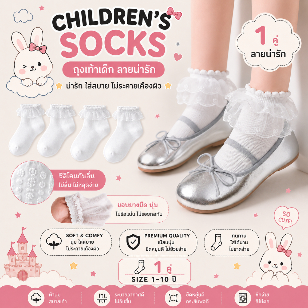 🚚(ส่งด่วน กทม.) ถุงเท้าเด็ก ผ้านิ่ม เกรดพรีเมี่ยม ถุงเท้าเจ้าหญิง (รุ่น Classic Doll)สีขาว QH8114 พร้อมส่ง🇹🇭