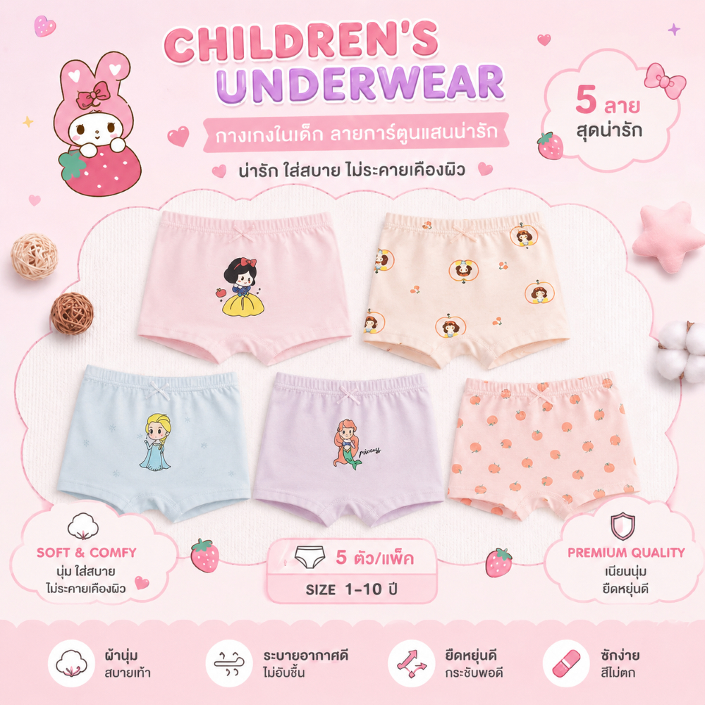 🚚(ส่งด่วน กทม.) กางเกงในเด็กผู้หญิง ผ้านิ่ม เกรดพรีเมี่ยม(ลายlittle Princess) แพ็คสุดคุ้ม!! 5 ตัว A736R พร้อมส่ง🇹🇭
