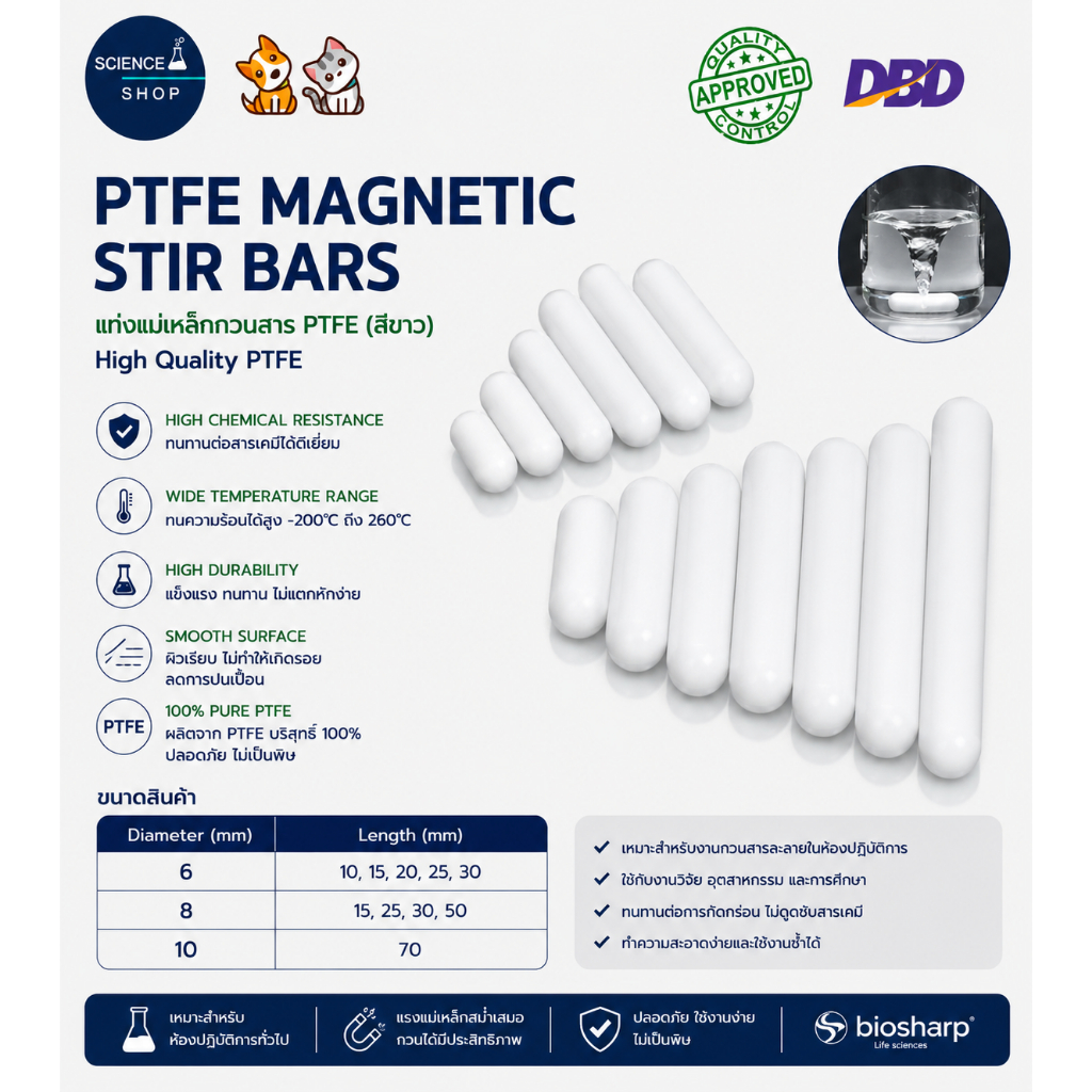 แท่งแม่เหล็กกวนสาร PTFE สีขาว 6x10, 6x 20, 6x30, 8x30 mm