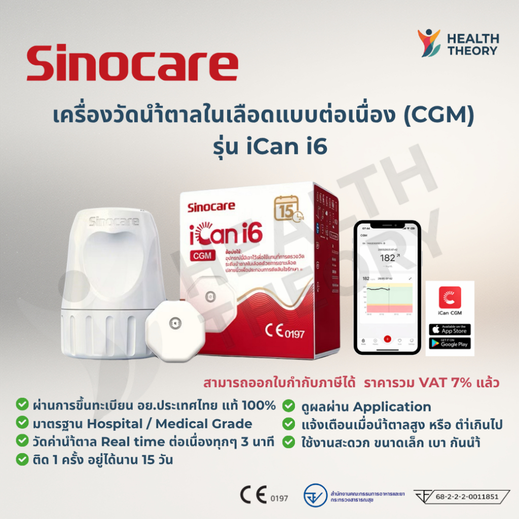 เครื่องวัดนำ้ตาลแบบต่อเนื่อง CGM [รุ่นใหม่] แบรนด์ Sinocare รุ่น iCan i6 แบบ Realtime ต่อเนื่อง15วัน
