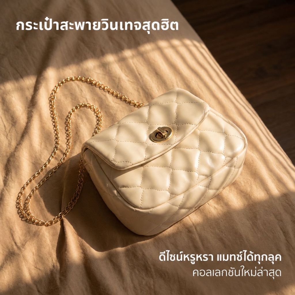 กระเป๋าสะพายไหล่โซ่แบบเย็บปักถักร้อยสำหรับผู้หญิง รุ่น LAVENIA ดีไซน์คลาสสิกสีดำและขาว