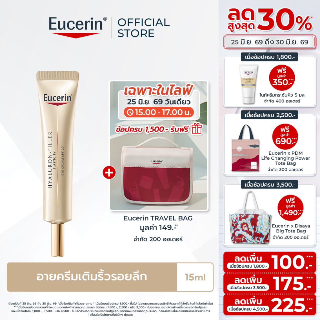 Eucerin HYALURON-FILLER ELASTICITY EYE CREAM SPF 20 ยูเซอริน ไฮยาลูรอน อายครีมบำรุงรอบดวงตา ลดเลือนริ้วรอย)