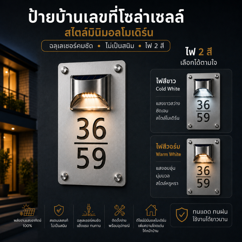 OAS Modern Stainless Steel Solar Number Sign ป้ายบ้านเลขที่โซล่าเซลล์ สไตล์มินิมอลโมเดิร์น ฉลุเลเซอร์คมชัด ไม่เป็นสนิม