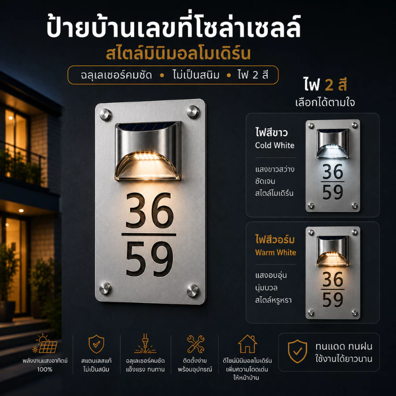 OAS Modern Stainless Steel Solar Number Sign ป้ายบ้านเลขที่โซล่าเซลล์ สไตล์มินิมอลโมเดิร์น ฉลุเลเซอร์คมชัด ไม่เป็นสนิม
