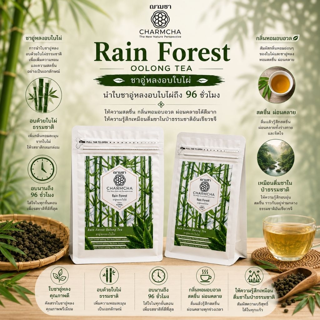 Rain Forest นำใบชาอู่หลงอบใบไผ่ หอมละมุนจากธรรมชาติ ชาดอกไม้ charmcha ฌามชา oolong tea