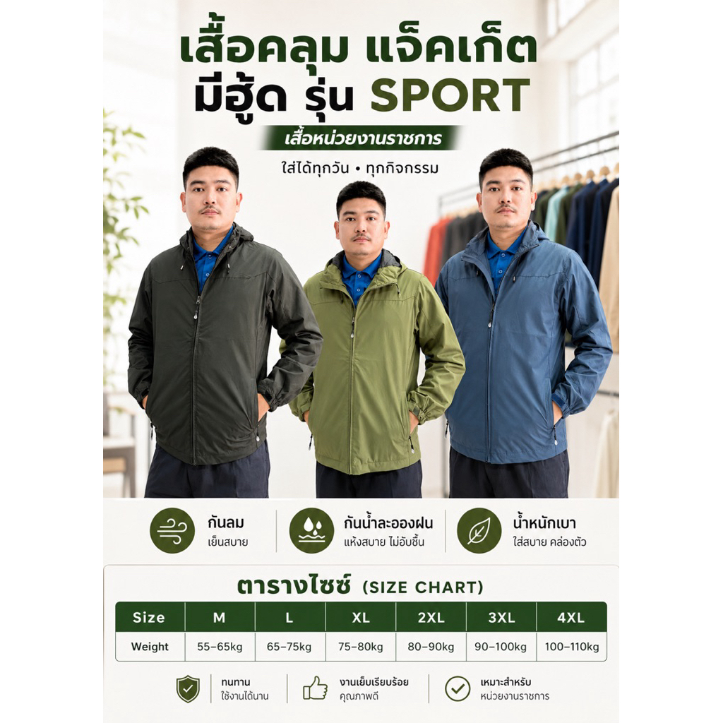 เสื้อคลุมแจ็คเก็ตมีฮู้ด แบบปัก 3จุด (แจ้งโลโก้ และข้อความต่างๆในช่องแชท)