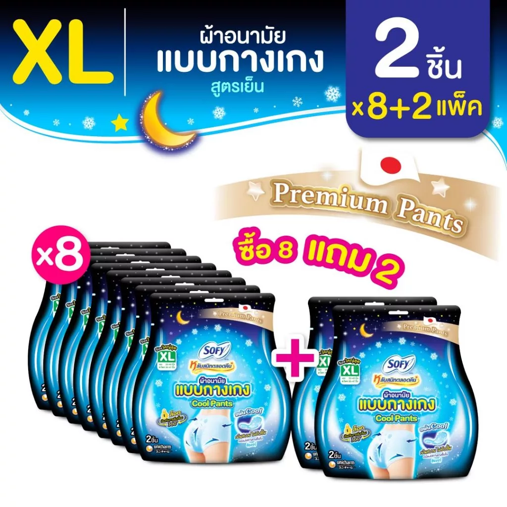[ซื้อ 8 แถม 2] Sofy โซฟี หลับสนิทตลอดคืน ผ้าอนามัยแบบกางเกง คูล XL 2 ชิ้น [สูตรเย็น] จำนวน 8 แพ็ค