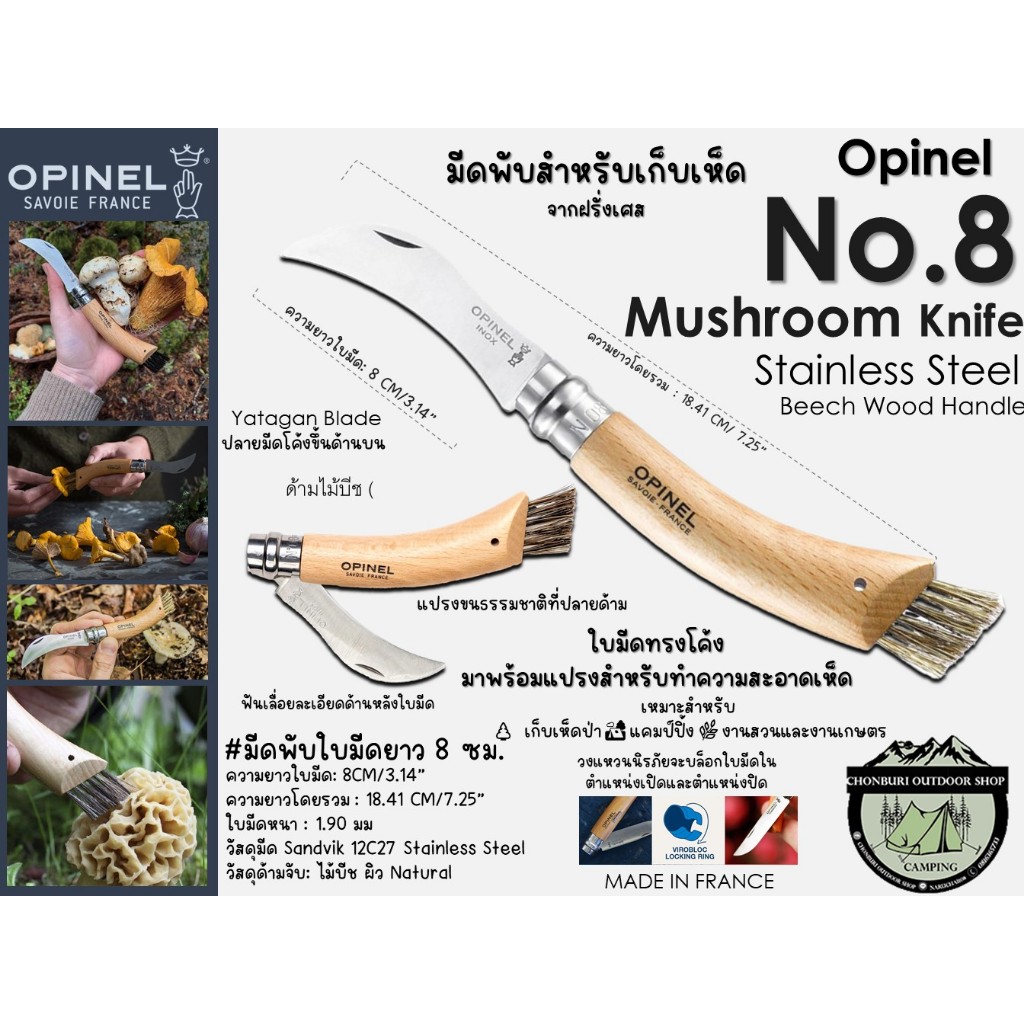 Opinel No.08 Mushroom Knife stainless steelมีดพับสำหรับเก็บเห็ดโดยเฉพาะ จากฝรั่งเศส