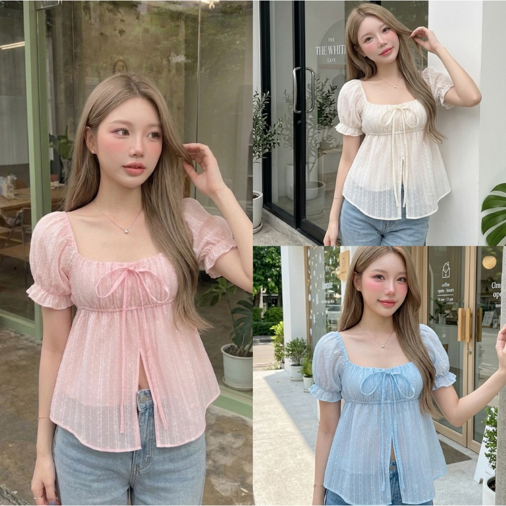 (อก30-40)เสื้อแขนตุ๊กตาผ้าโรซี่ เสื้อญาญ่าแขาส้้น ผ่าหน้าทรงน่ารัก สาวอวบใส่ได้อกถึง 40 นิ้ว
