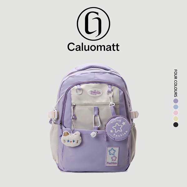 【Caluomatt.TH】กระเป๋าเป้สีม่วงอ่อน ดีไซน์น่ารัก สำหรับนักเรียน ความจุใหญ่ แถมพวงกุญแจแมว+กระเป๋าใส่เหรียญฟรี