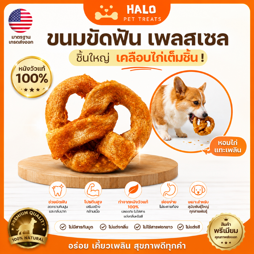 HALO ขนมขัดฟันสุนัข ทรงเพลสเซล คลุกไก่ ทำจากหนังวัวแท้100% ช่วยลดคราบหินปูน