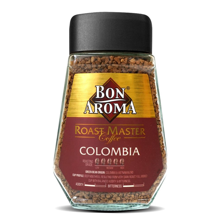 Bon Aroma Roast Master Coffee Columbia 100g. บอนอโรม่า โคลัมเบีย กาแฟสำเร็จรูป  ขวด 100g.
