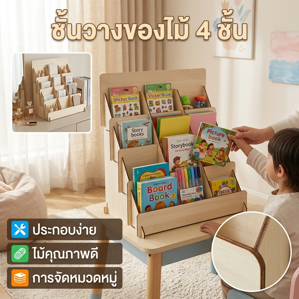 ชั้นแสดงสินค้าไม้ | 4 ชั้น สำหรับสติกเกอร์/การ์ด/โปสการ์ด/รูปภาพ | ชั้นวางจัดแสดงร้านค้าและตกแต่ง