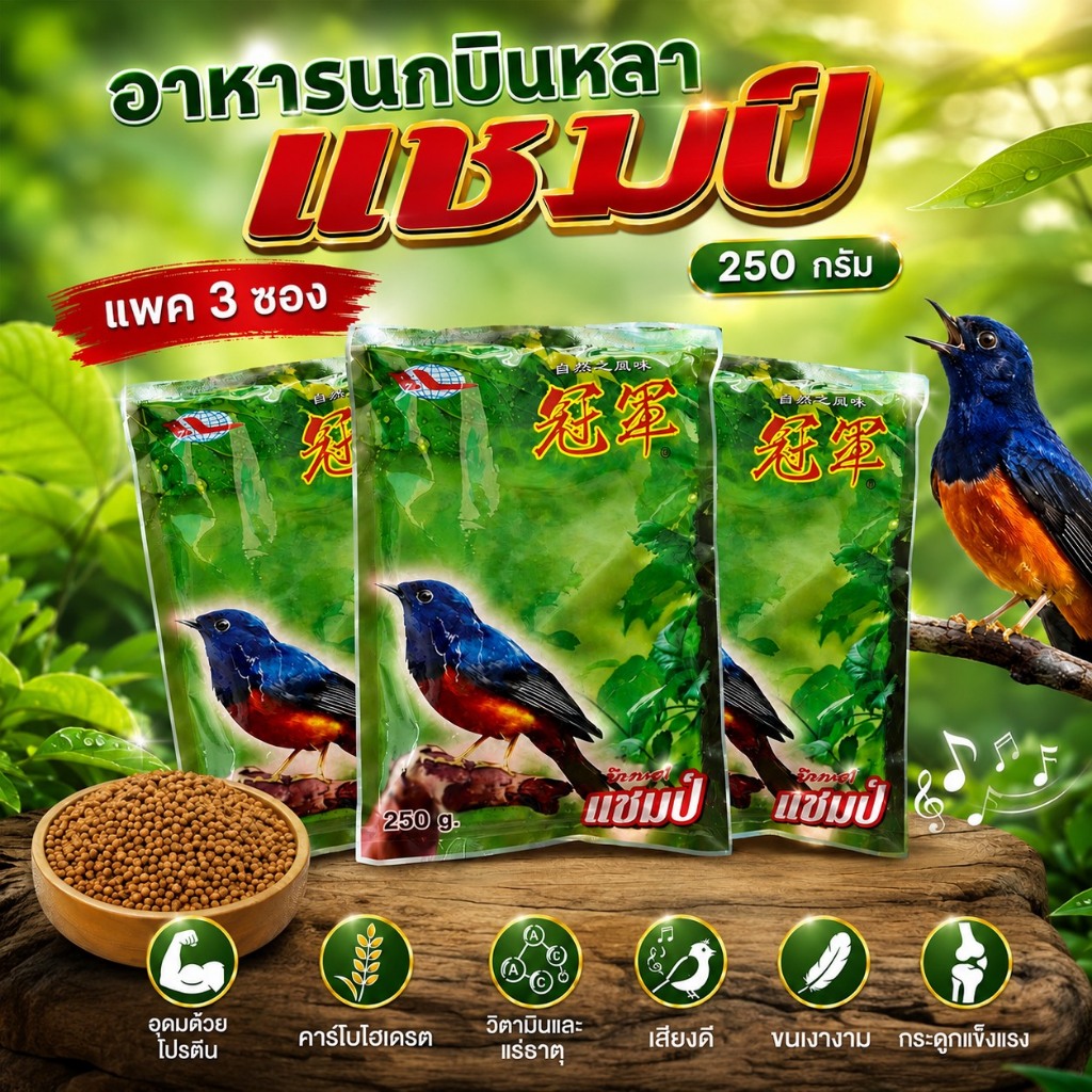 อาหารนกบินหลา (ขนาดใหญ่250g X 3 ถุง) อาหารนกกางเขน อาหารนกบินหลา บินหลาดง champ แชมป์ สุดคุ้ม ประหยัดค่าจัดส่ง