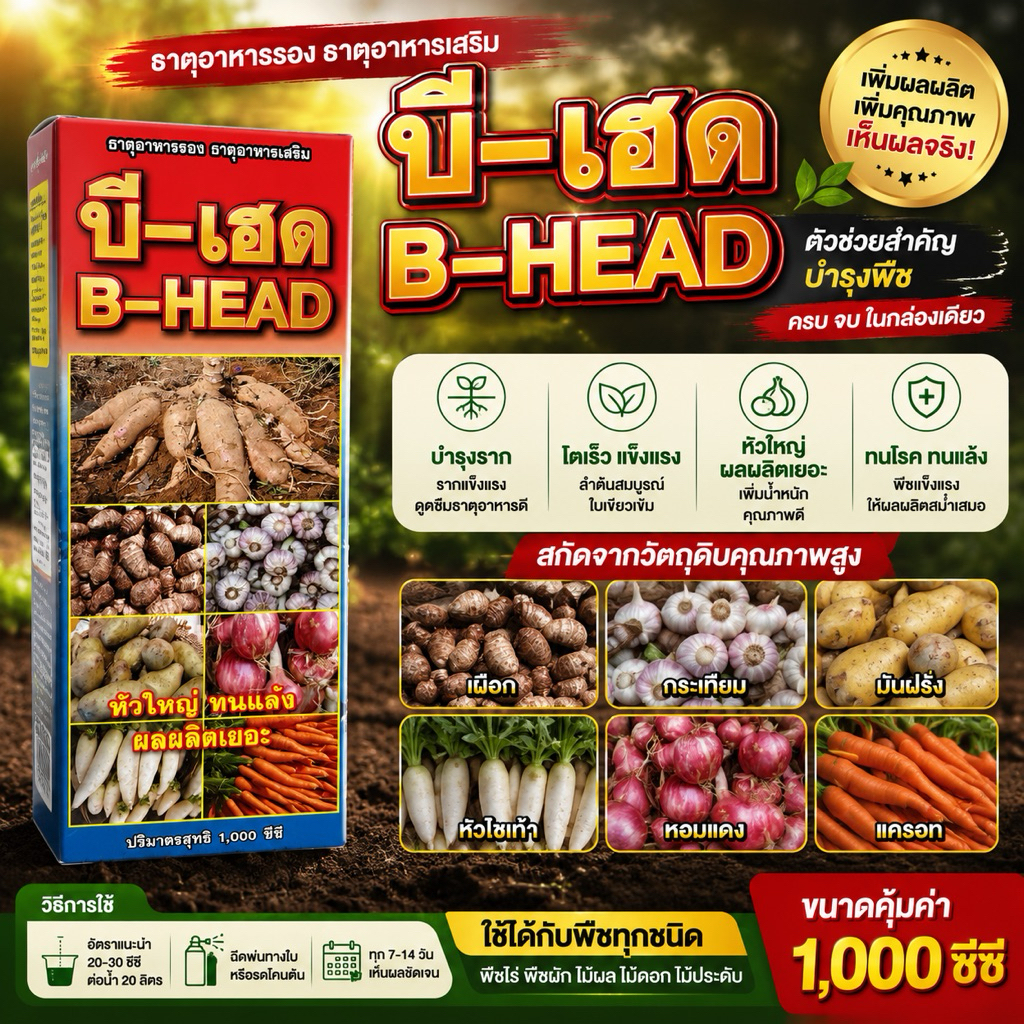 ธาตุอาหารเสริมสำหรับพืชตระกูลลงหัว บี-เฮด ขนาด 1 ลิตร ธาตุอาหารรอง ธาตุอาหารเสริมสำหรับพืชตระกูลลงหัว