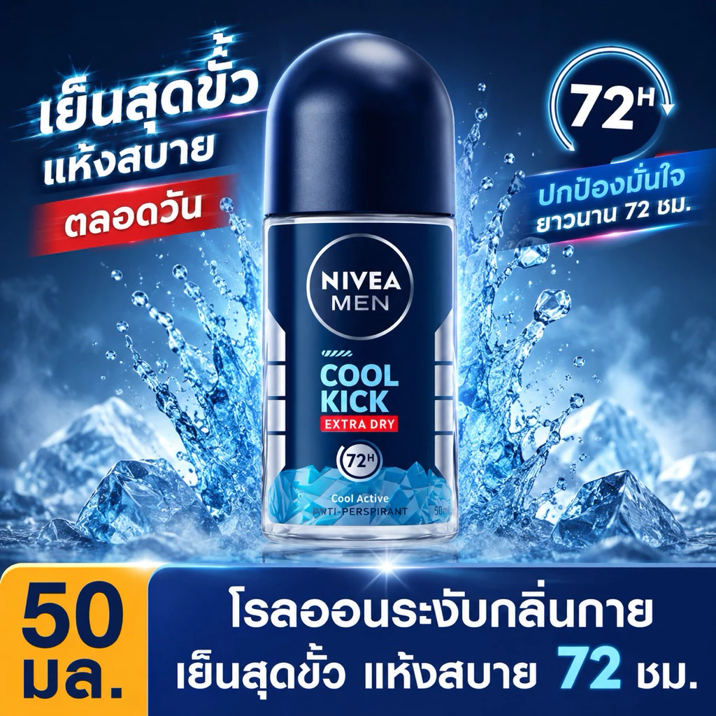 NIVEA Men Cool Kick Active Roll On 50 ml. นีเวีย เมน คูล คิก โรลออน ระงับกลิ่นกาย สำหรับผู้ชาย ถูกสุดๆ