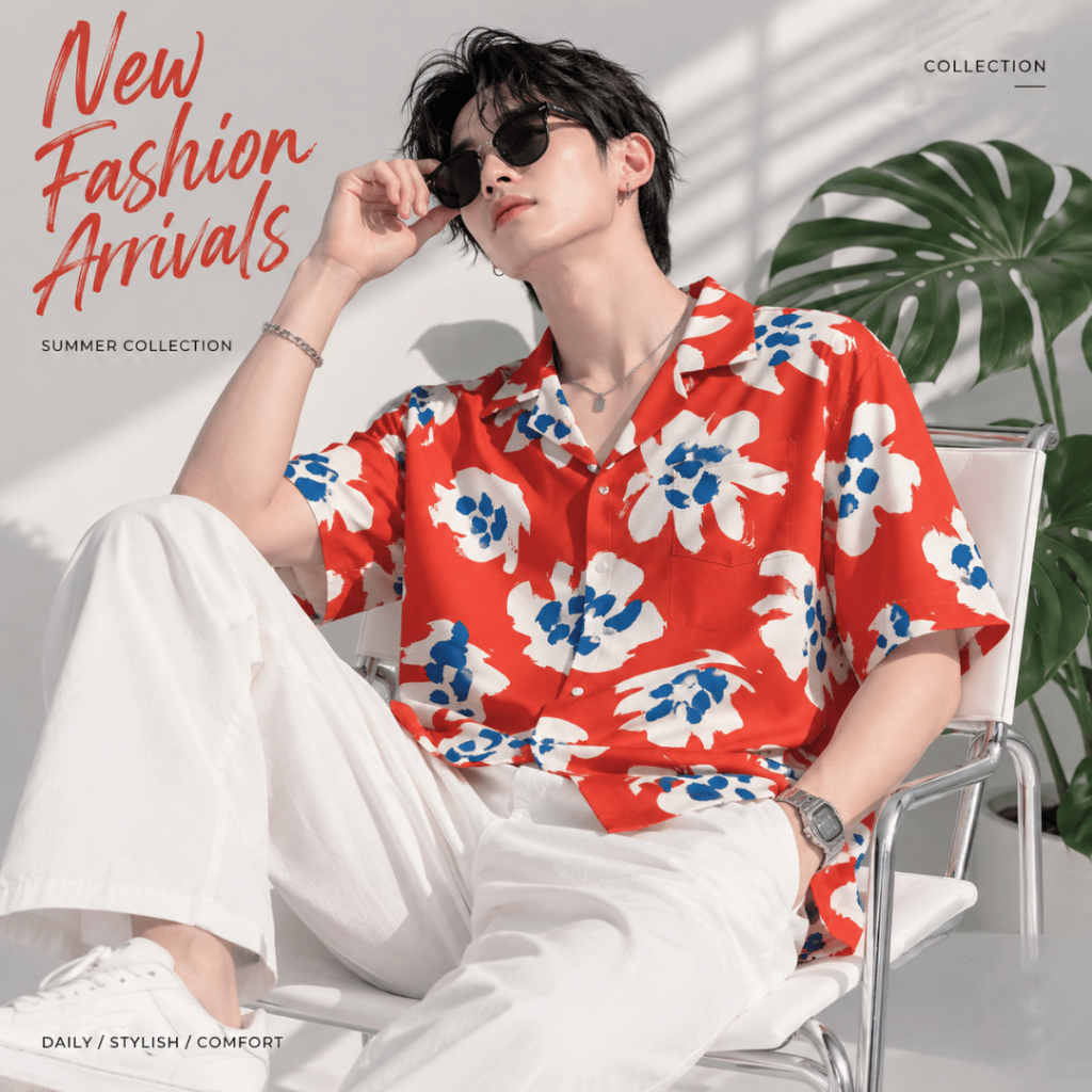 11.WOLF Hawaii Shirt เสื้อเชิ๊ตแขนสั้นต่อลาย เสื้อเชิ้ต เสื้อฮาวาย เสื้อเชิ้ตฮาวาย ลายดอกแดงคลาสสิค/H353