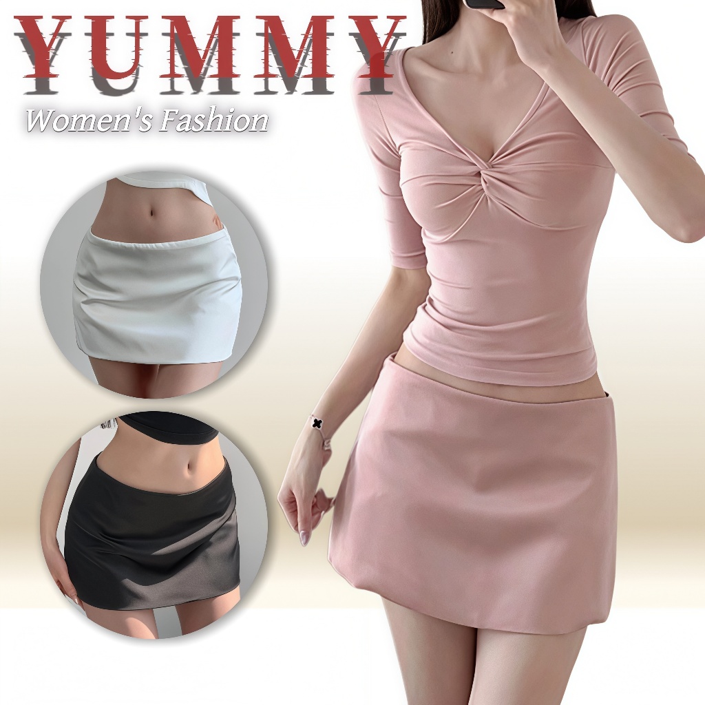 🎀Yummy Shop🎀㈥ กระโปรงสั้นทรงเอ เอวต่ำ ผ้าลื่นมีซับใน ทรงเข้ารูป  สไตล์เกาหลี แมทช์ง่าย แฟชั่นผู้หญิง' FY5152#1