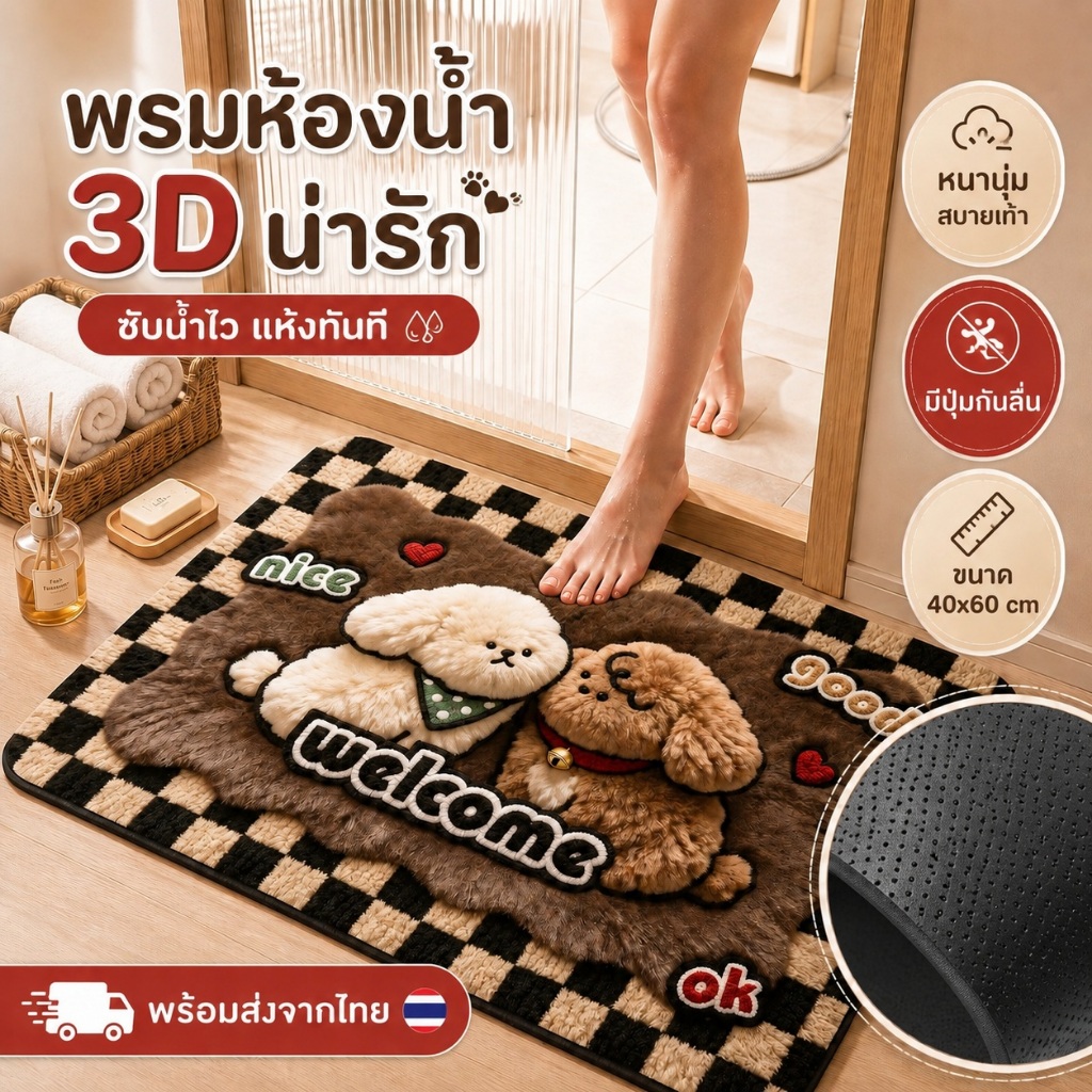 พรมห้องน้ำ 40x60 ซับน้ำไว แห้งทันที พรมปูพื้นกันลื่น สไตล์มินิมอล ทรงสี่เหลี่ยม พร้อมส่งจากไทย
