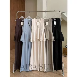 Aira Set :: ชุดเซ็ทขายาวสีพื้น เสื้อแขนกุดคอวีแต่งระบายล่าง งานน่ารัก กางเกงขายาว เรียบหรู BETTY (B071)
