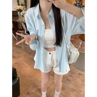 เสื้อเชิ้ตแขนยาวผู้หญิง เสื้อท็อปสีเรียบ สไตล์เรียบหรู ใส่ได้หลายโอกาส ผ้าสวมใส่สบาย นุ่ม มีให้เลือก 4 สี