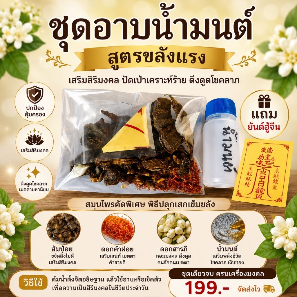 A01 ล้างสิ่งอัปมงคล พลิกฟื้นดวงชะตา! บูชาเลย "ชุดอาบน้ำมนต์ สูตรขลังแรง" รวมสุดยอดมวลสารศักดิ์สิทธิ์