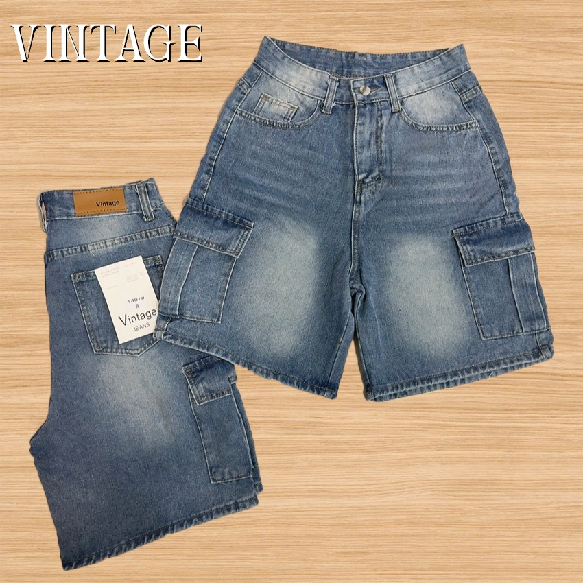 Vintage รุ่น 1401 กางเกงยีนส์ ขาสั้น คาร์โก้ แต่งเฟดขา ทรงสวย ผ้าไม่ยืด กระเป๋าตรง 2 ใบ